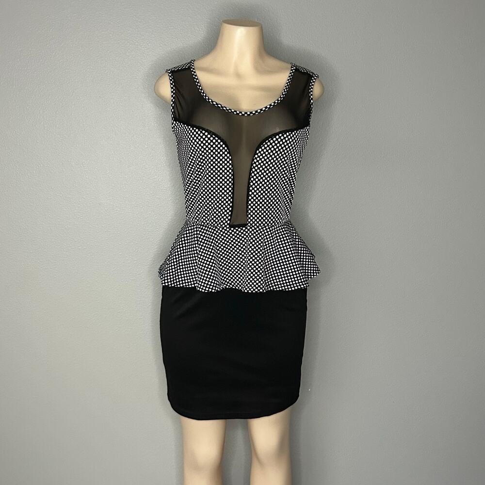 Hypnotik Polka Dot Peplum Bodycon Dress Mesh Illusion retro coquette pinup